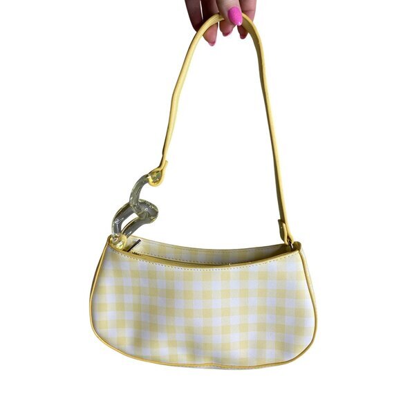 Y2K Yellow & White Gingham Shoulder Bag With Acrylic Chain Detail Zipper Closure - Picture 1 of 7